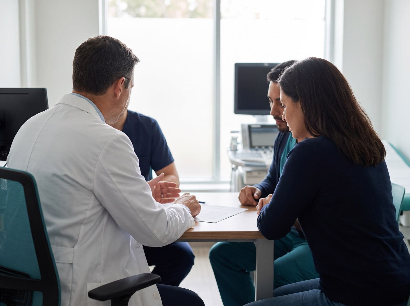 In einem hellen Sprechzimmer erklärt ein Arzt im weissen Kittel einem Patienten einen Befund, daneben sitzt eine Dolmetscherin