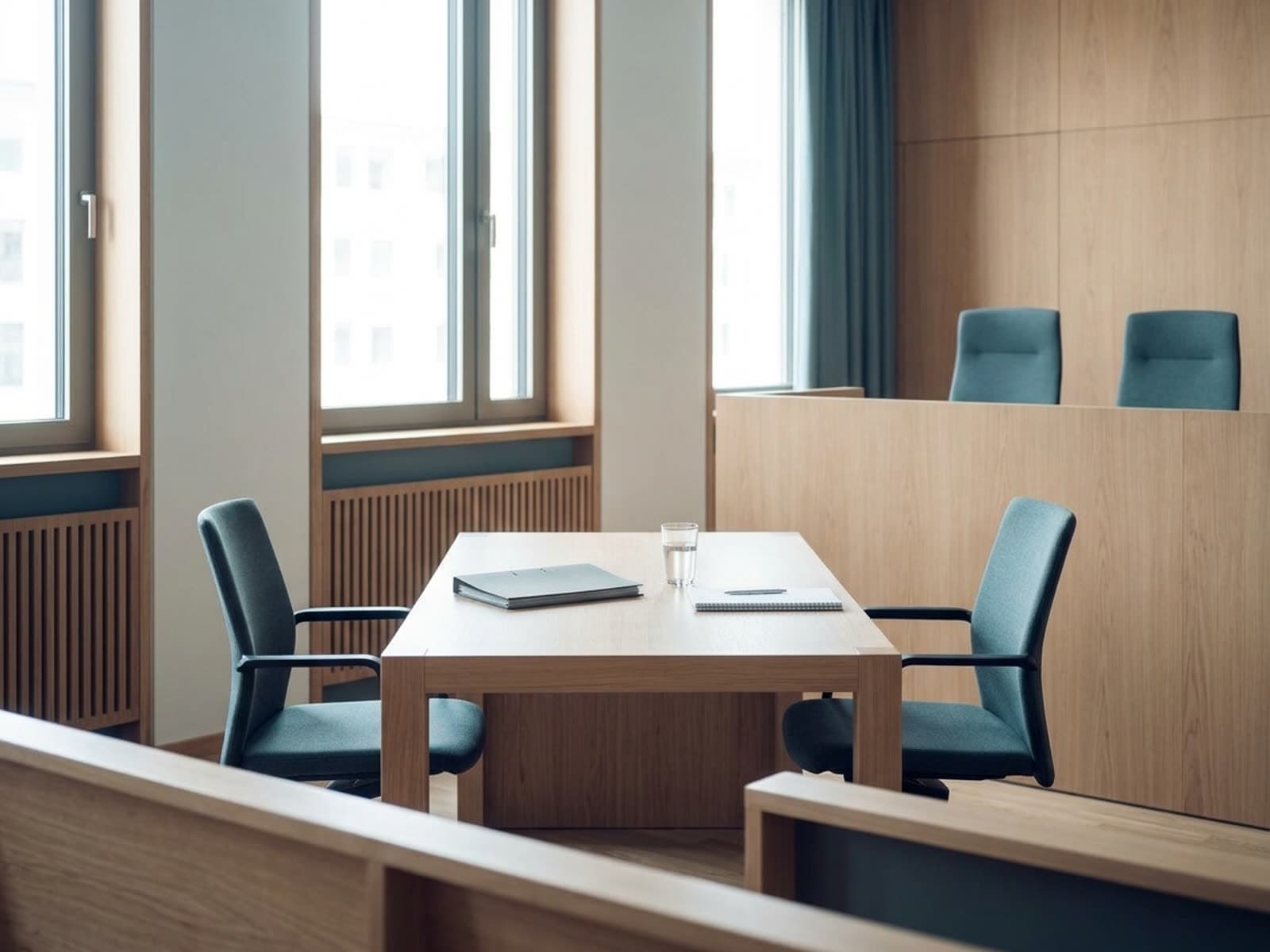 Ruhiger, heller Besprechungsraum: ein Tisch mit zwei Stühlen hinter einer hölzernen Abschrankung, ohne Menschen