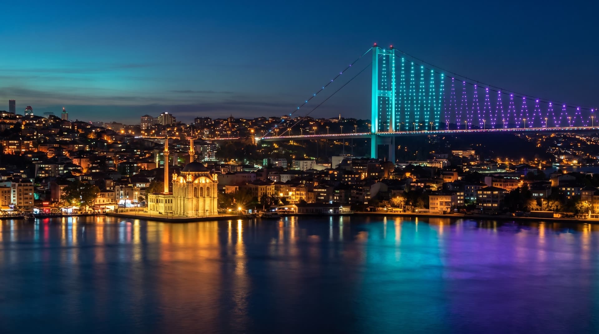 Gece İstanbul: ışıklandırılmış Boğaziçi Köprüsü, önünde su kıyısında Ortaköy Camii